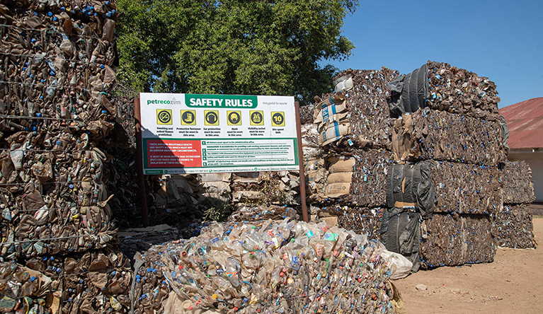 Stacks of used plastic bottles ready for recycling at a plant in Harare. Photograph Aaron Ufumeli / SA I AJP