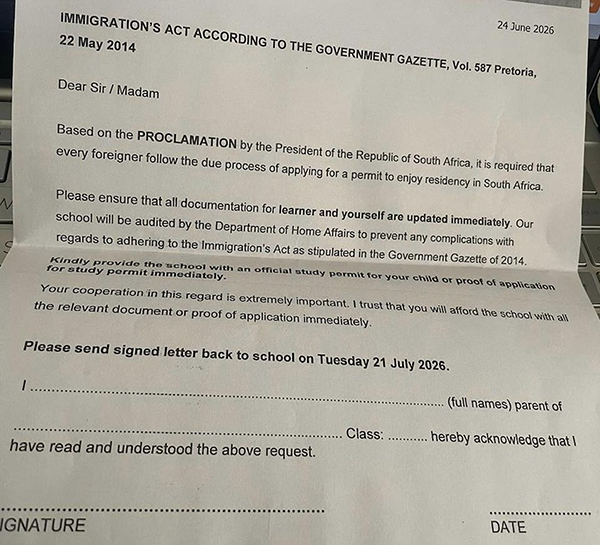 A letter sent to parents of immigrant learners enrolled at Excelsior High School in Belhar in June. The Western Cape Education Department says it is not aware of any Department of Home Affairs audit, but that requests for documentation are common practice. Civil society organisations expressed concern about the wording of this and similar messages, as well as the timing, coming a week before the March and March deadline for undocumented migrants to leave the country. (Credit: Supplied)